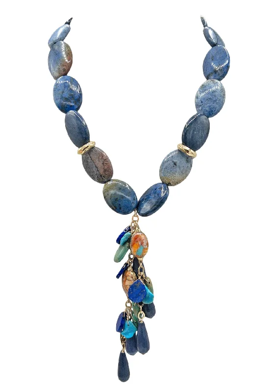 High-End Gold Necklace-Denim Lapis Cluster Necklace