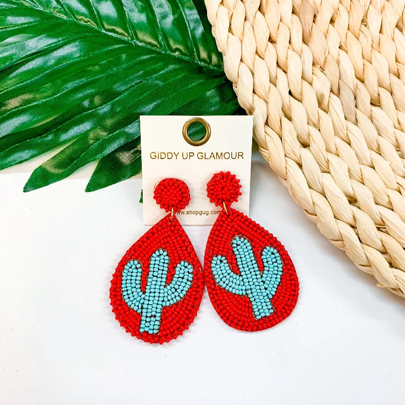 High-End Earrings for Weddings-Lookin' Sharp Seed Bead Cactus Teardrop Earrings In Red and Turquoise