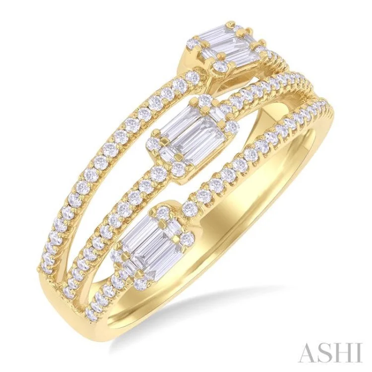 Diamond Eternity Ring-5/8 ctw Split Three-Row Baguette and Round Cut Diamond Fashion Ring in 14K Yellow Gold