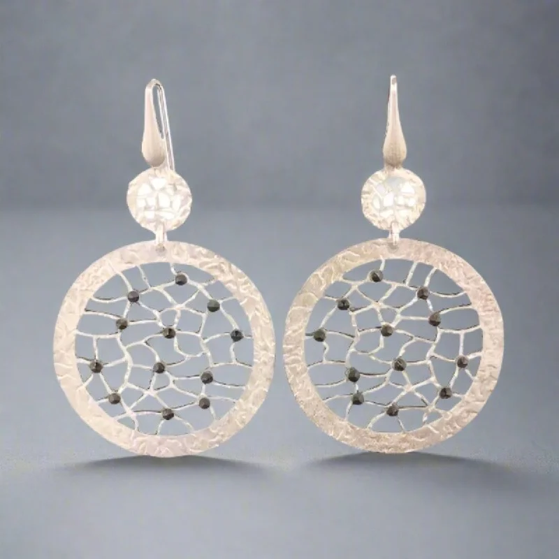 Handmade Gold Earrings-SS & Black Spinel Textured Circle Drop Earrings