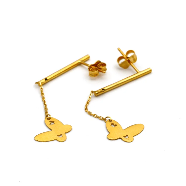 Affordable Gold Earrings-Real Gold Hanging Butterfly Stud Earring Set 3897 E1401