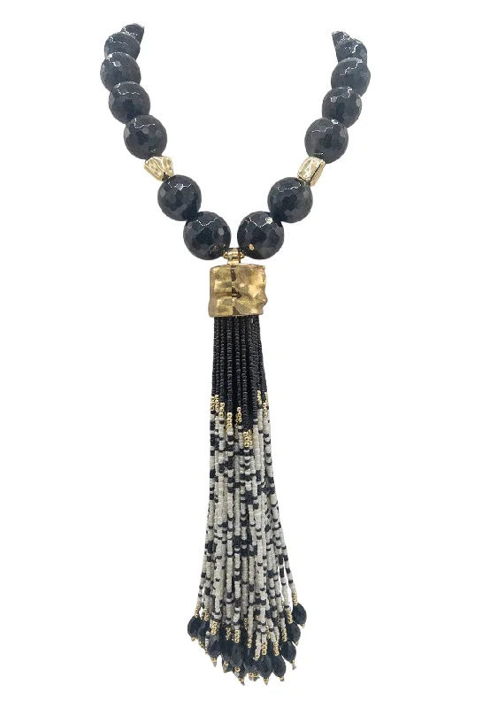 Romantic Necklace for Girlfriend-Black Onyx Black and White Tassel Necklace