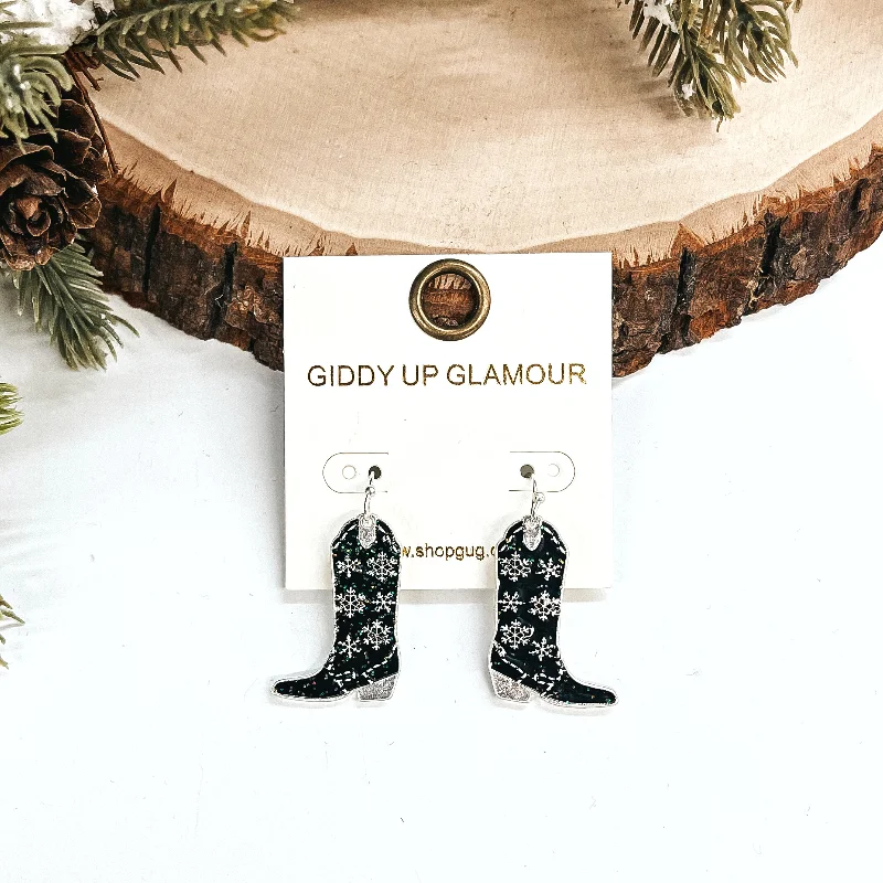 Pearl Hoop Earrings-Winter Fate Snowflake Pattern Boot Pendant Earrings in Black