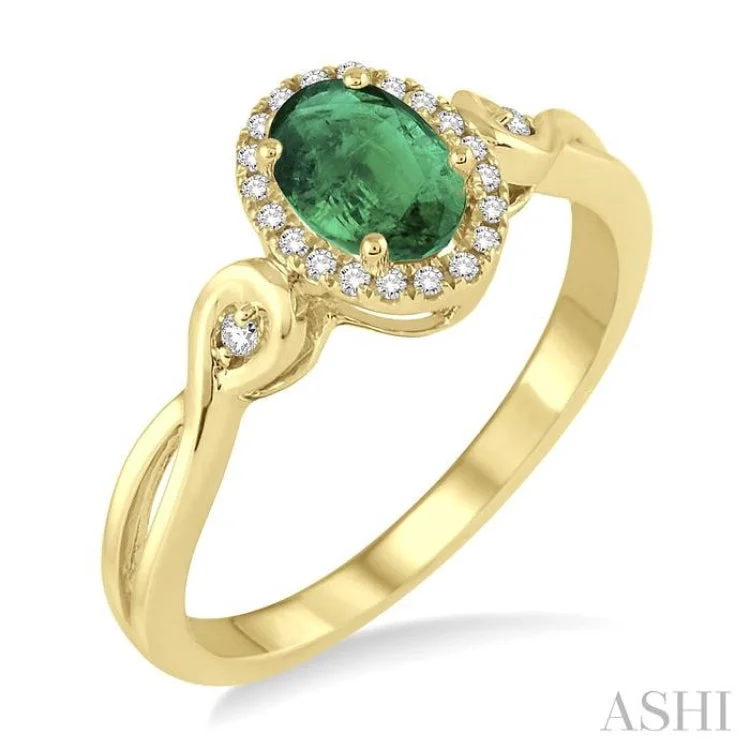 Classic Wedding Band with Diamonds-6x4 MM Oval Cut Emerald and 1/10 ctw Round Cut Diamond Ring in 10K Yellow Gold