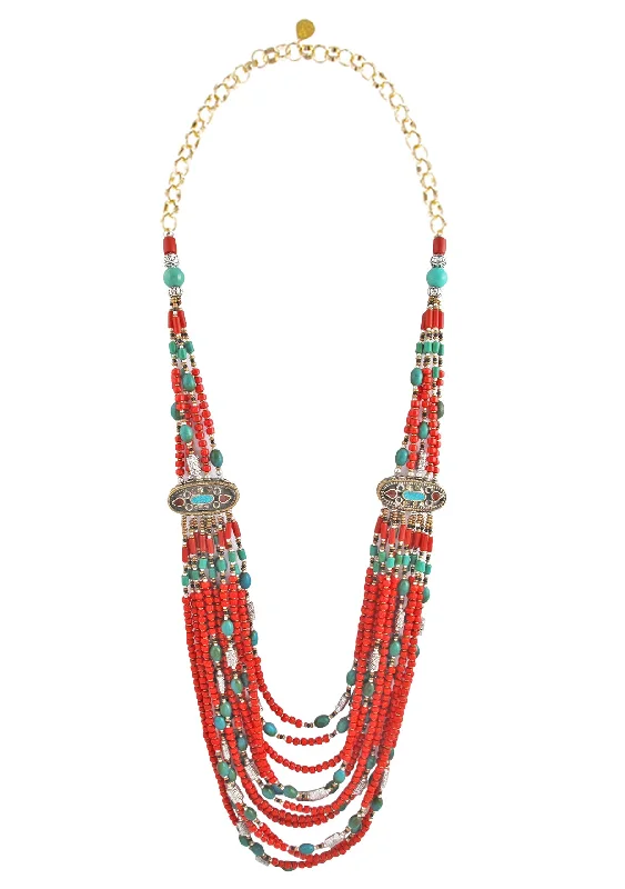 Designer Necklace for Women-Multistrand Ethnic Coral Turquoise Necklace