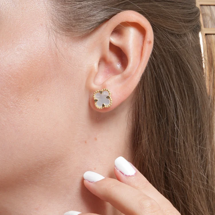 Hoop Earrings with Gemstones-Real Gold Pearl Flat Stud Earring Set - Model GZJVN0695-MOP E1916