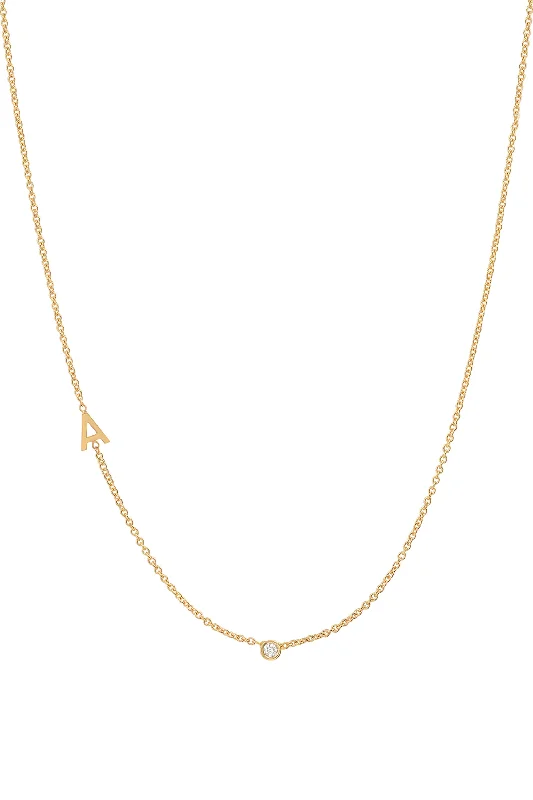 Unique Gold Necklace-Small Asymmetrical Initial & Diamond Necklace - 14K Yellow