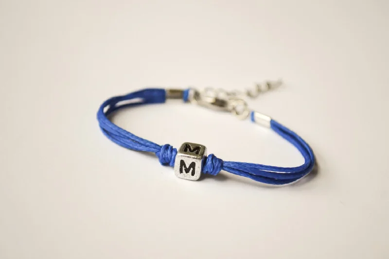 Elegant Wedding Bracelet for Bride-Blue cord bracelet for children with silver tone initial charm