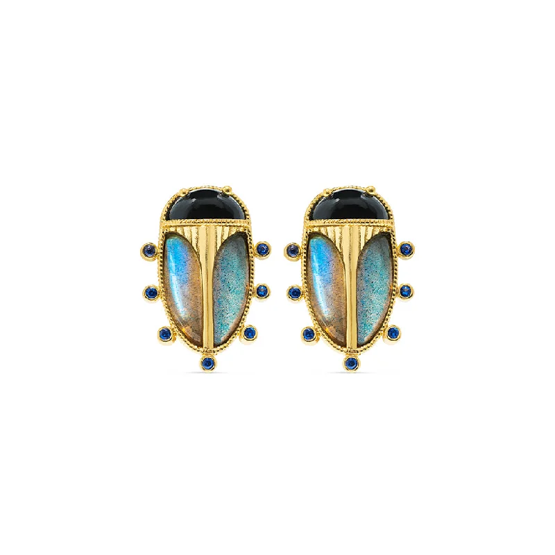 Bohemian Style Earrings-Scarab Clip Earrings - Blue Labradorite/Black Agate