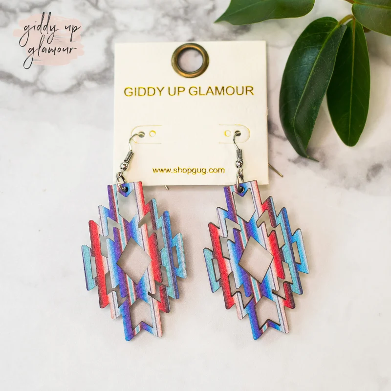 White Gold Earrings-Aztec Shaped Wooden Earrings in Blue and Red Serape