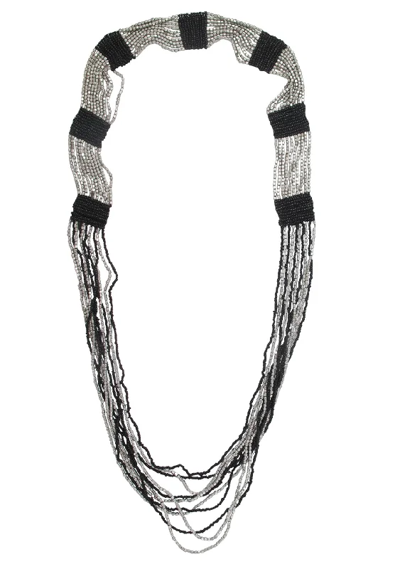 Designer Silver Necklace-Two-Tone Silver and Black Multi Strand Necklace