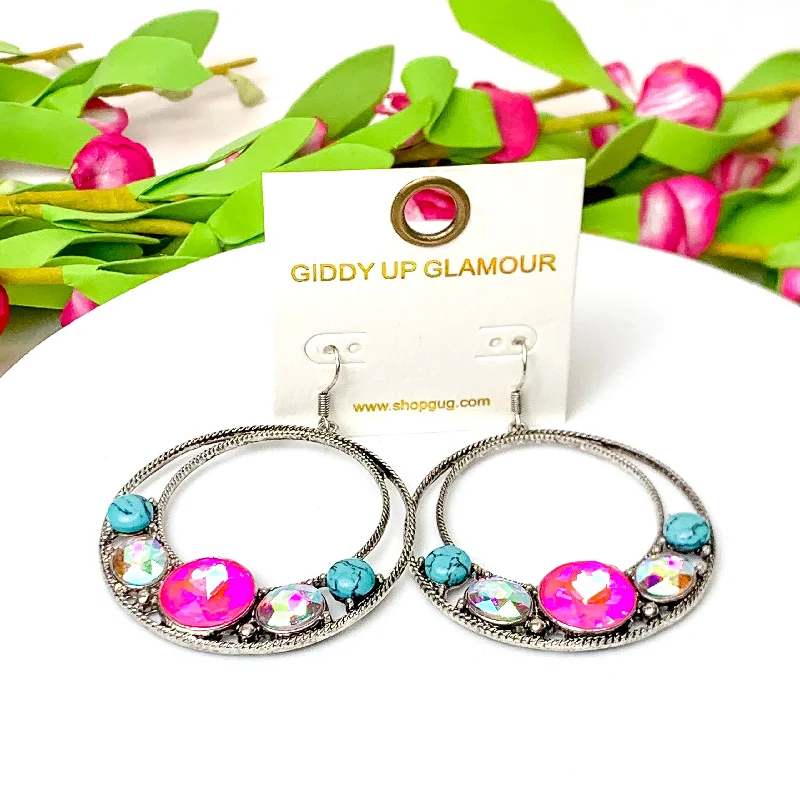 Diamond Stud Earrings-Ethereal Edge Copper Tone Circle Drop Earrings with Faux Turquoise Stones in Fuchsia Pink