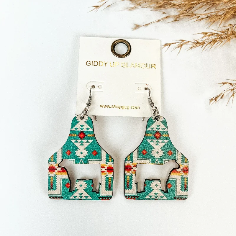 Elegant Earrings for Special Occasions-Cattle Tag Wooden Earrings in Ocean Aztec