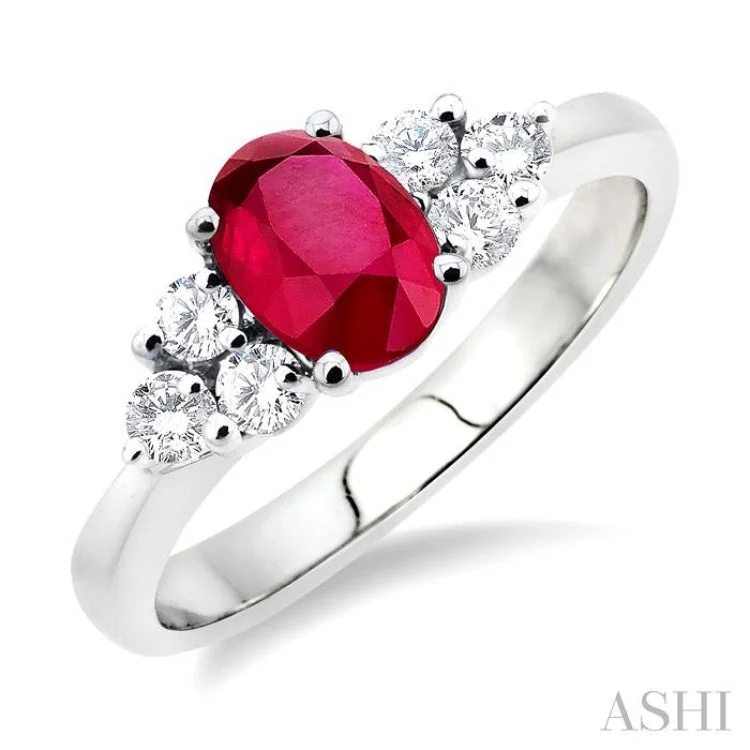 Handmade Wedding Ring-7x5mm Oval Cut Ruby and 1/3 ctw Round Cut Diamond Ring in 14K White Gold