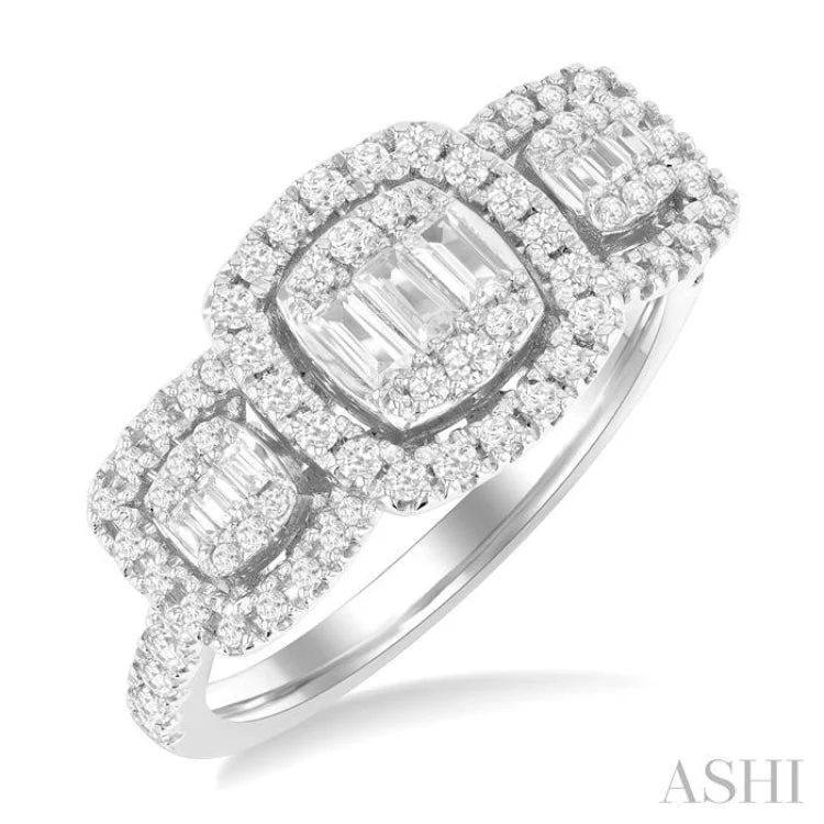 Unique Wedding Band with Diamonds-3/4 ctw Cushion Shape Past, Present & Future Fusion Baguette and Round Cut Diamond Engagement Ring in 14K White Gold