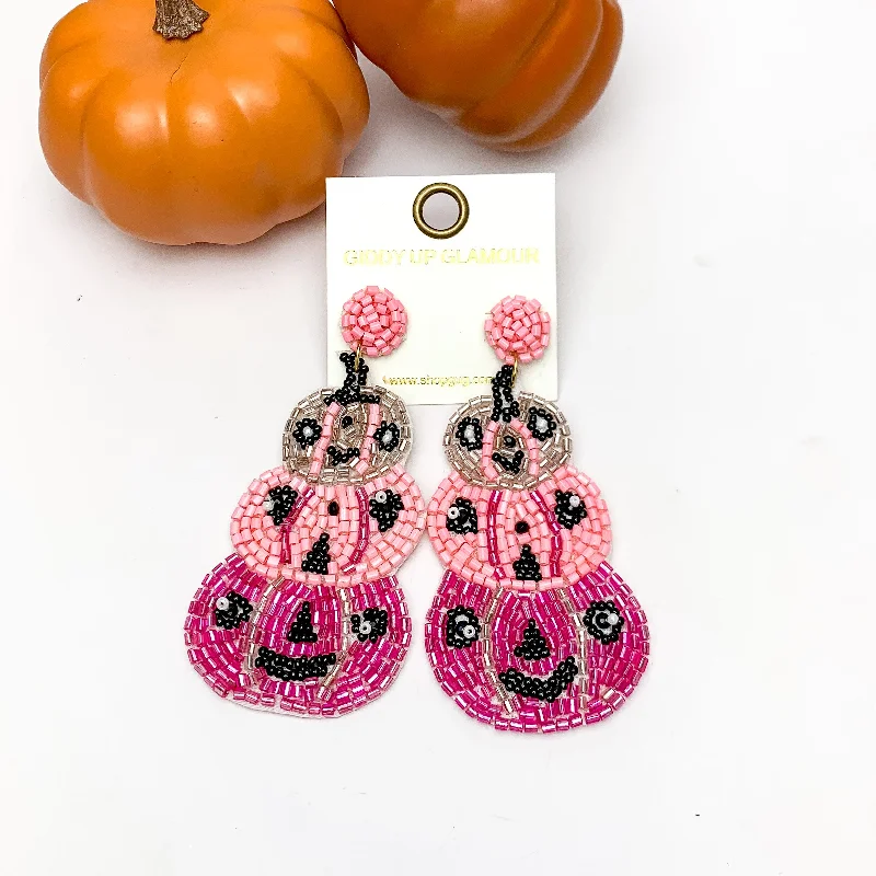 Luxury Bridal Earrings-Three Tier Pumpkin Beaded Earrings in Pink