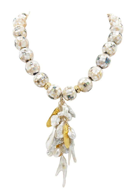 Bohemian Style Necklace-MOP Freshwater Pearl and Gold Cluster Necklace