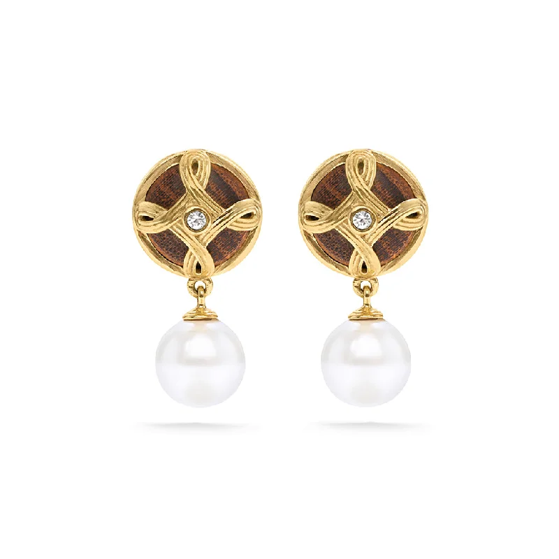 Gold Earrings with Crystals-Monique Drop Earrings - Pearl/Teak