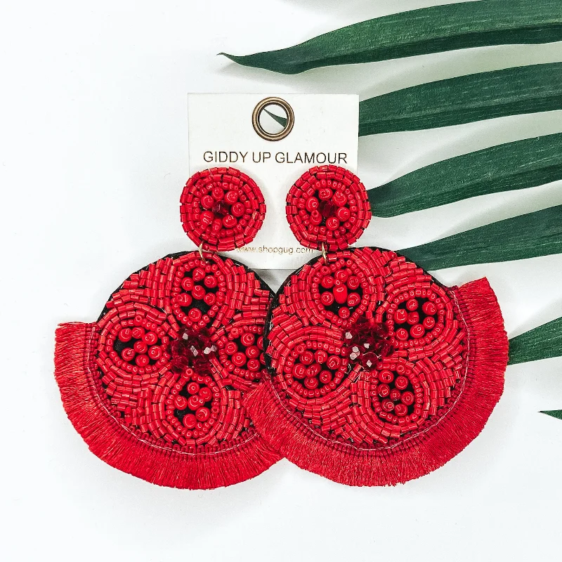 Stunning Crystal Earrings-Large Seedbead and Crystal Beaded Statement Earrings with Fringe Trim in Red