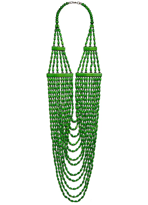 Simple Pendant Necklace-Long Multistrand Emerald Green Wood Necklace