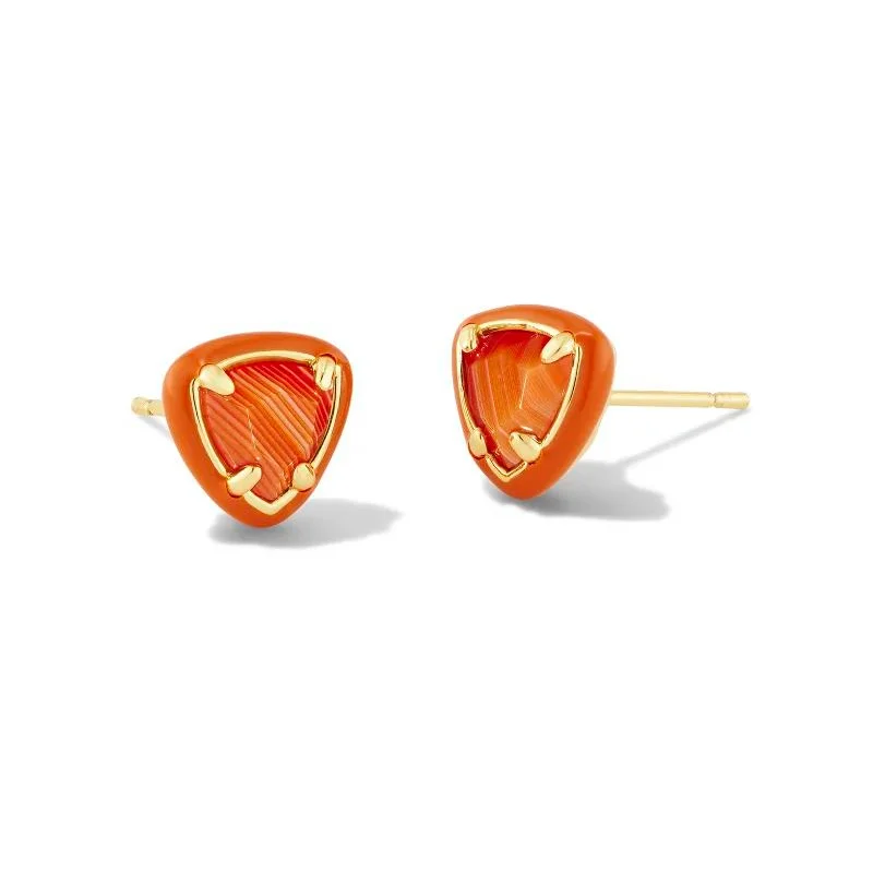 Gemstone Earrings for Brides-Kendra Scott | Arden Gold Enamel Framed Stud Earrings in Orange Banded Agate