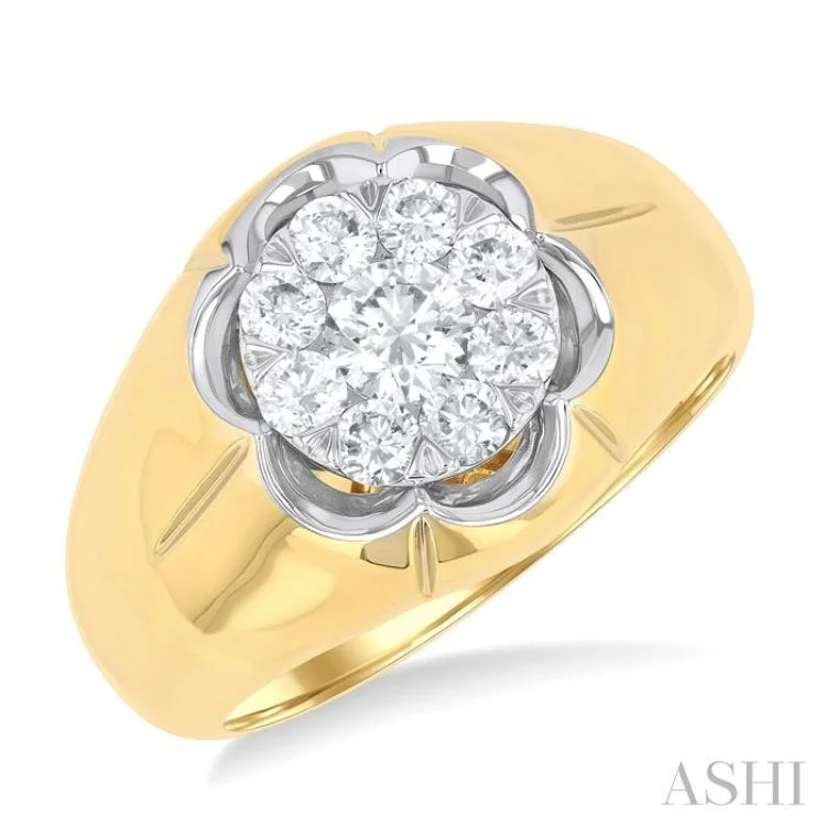 Men's Engagement Ring with Diamonds-1.00 ctw Floral Center Lovebright Round Cut Diamond Men's Ring in 10K Yellow and White Gold