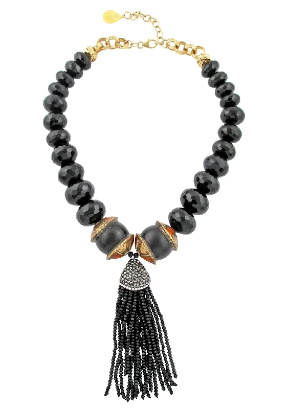 Heart Shaped Necklace-Black Onyx Tassel Necklace | Tribal Accent Bead