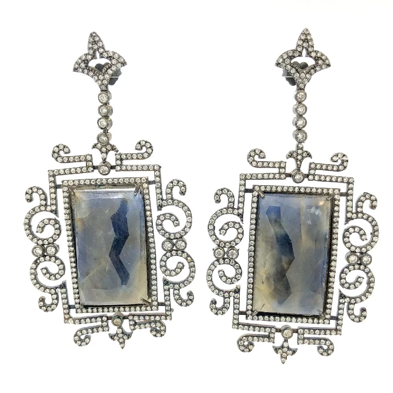 Fashionable Drop Earrings-SS Antiqued Sapphire & CZ Drop Earrings