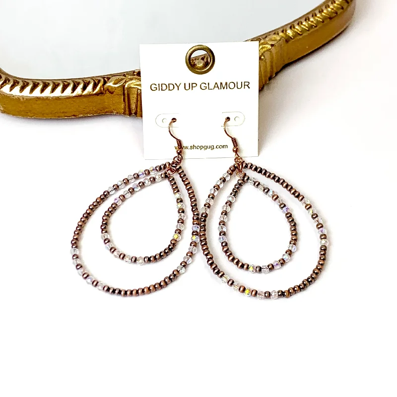 Charming Earrings for Women-Layered Faux Navajo Pearl Beaded Teardrop Earrings with Clear Glass Spacers in Copper Tone