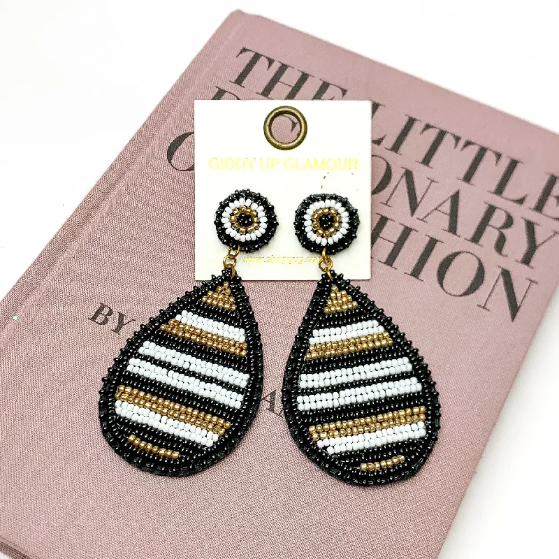 Party Earrings for Women-Beaded Striped Teardrop Earrings in Black Mix