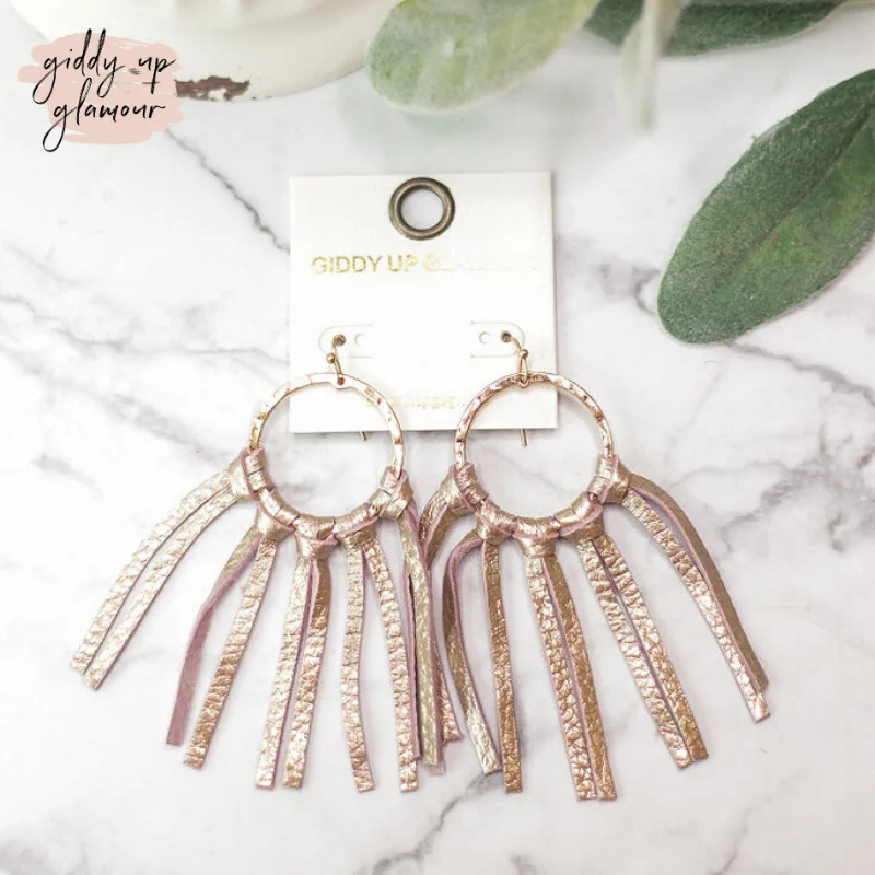 Long Chandelier Earrings-Gold Hoop Earrings with Leather Tassels in Blush Gold