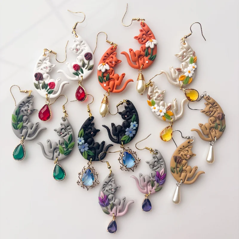 Modern Earrings for Teens-HANGING FLORAL CAT EARRINGS