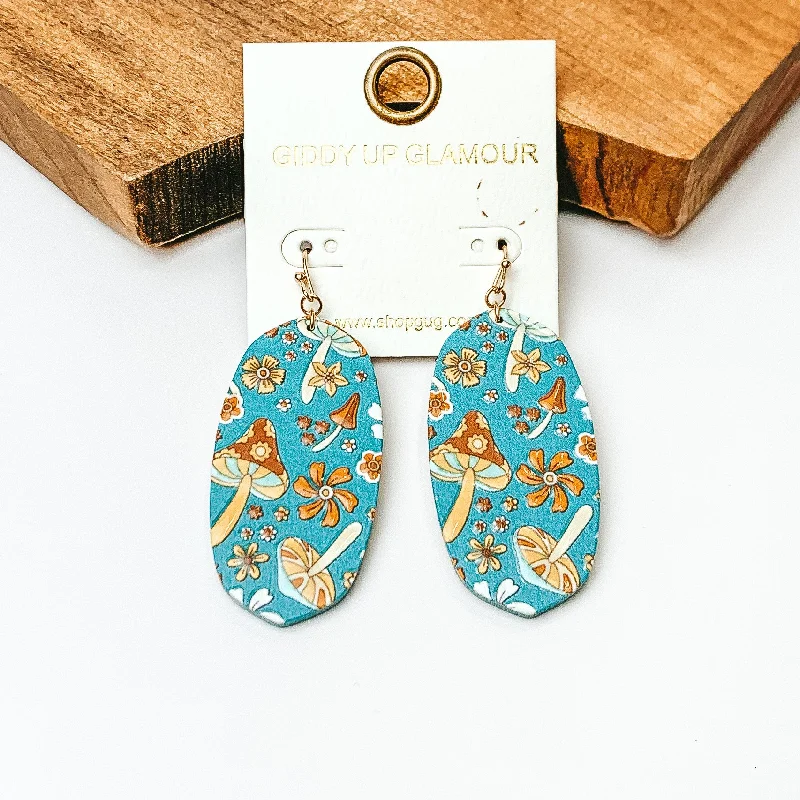 Wedding Jewelry Earrings-Wooden Oval Drop Earrings with Mushroom Print in Blue