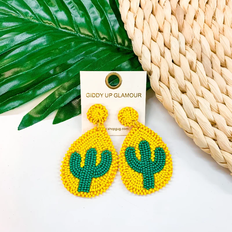 Geometric Earrings for Women-Lookin' Sharp Seed Bead Cactus Teardrop Earrings In Yellow and Green