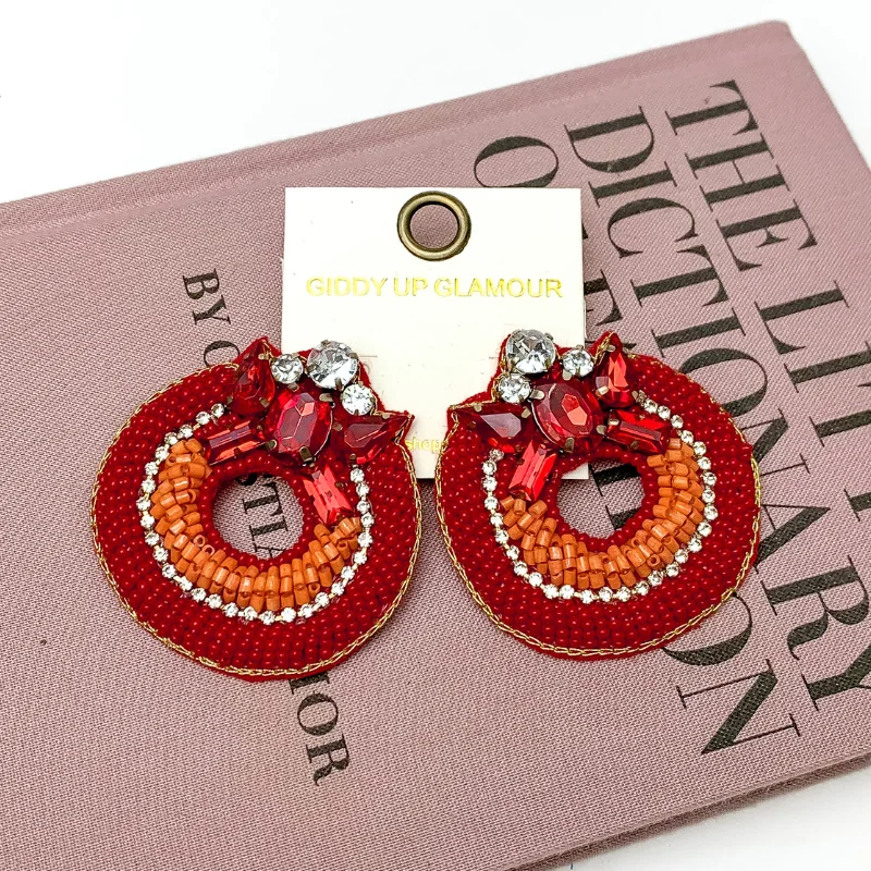 Elegant Pearl Stud Earrings-Circle Beaded Post Earrings with Jeweled Detailing in Red