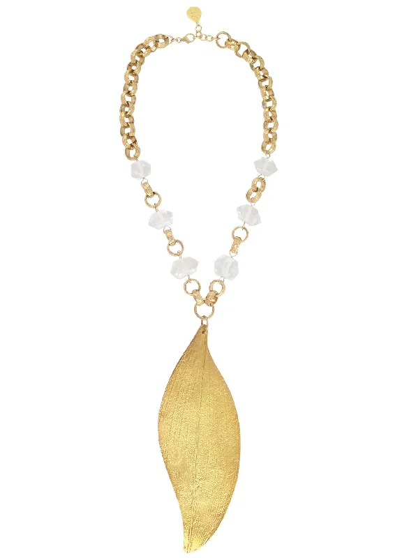 Chic Chain Necklace-Clear Quartz Large Gold Leaf Pendant Necklace