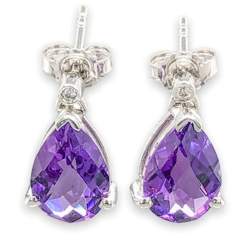 High-Quality Diamond Earrings-14K W Gold 2.80cttw Amethyst & 0.02ct Diamond Drop Earrings