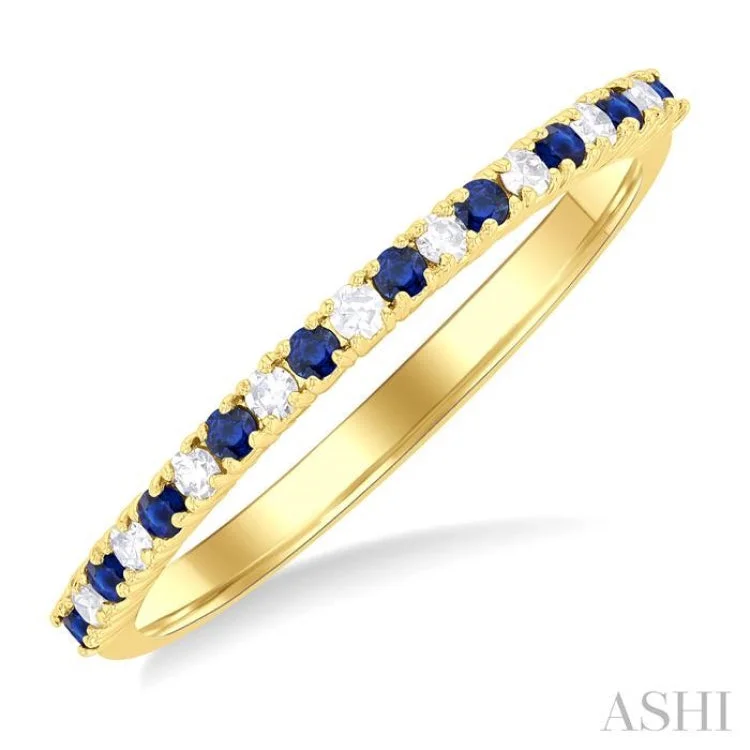 Unique Gold Engagement Ring-1.35 MM Round Shape Sapphire and 1/10 ctw Round Cut Diamond Petite Precious Stack Band in 10K Yellow Gold