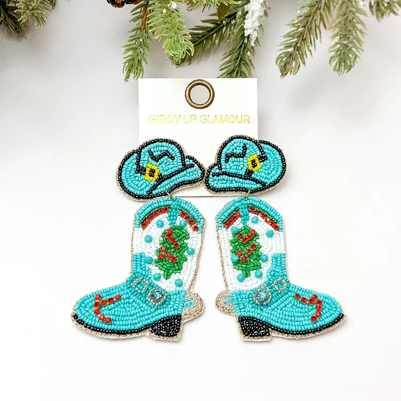 Colorful Earrings for Teens-Beaded Cowboy Hat and Boot Earrings with a Christmas Tree in Turquoise Blue