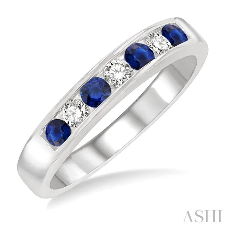 Men's Custom Wedding Ring-2.5 MM Round Cut Sapphire and 1/5 ctw Channel Set Round Cut Diamond Band in 14K White Gold