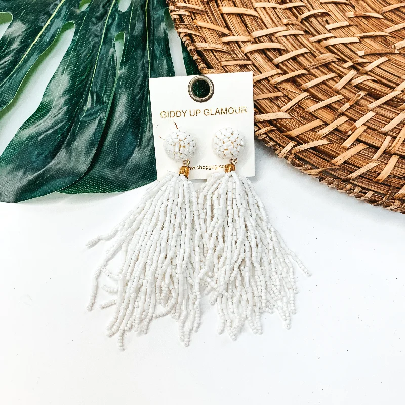 Silver Earrings with Crystals-Crash My Party Seed Bead Tassel Earrings In White