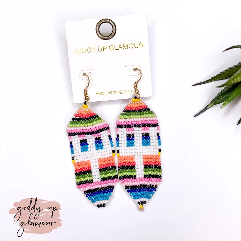 Large Drop Earrings-Beaded Ribbon Drop Earrings with Cactus in Serape