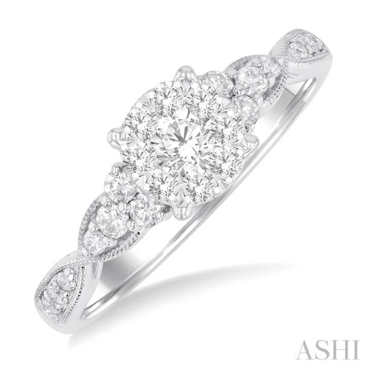 Luxury Wedding Band-1/2 ctw Round Shape Lovebright Carved Shank Round Cut Diamond Engagement Ring in 14K White Gold