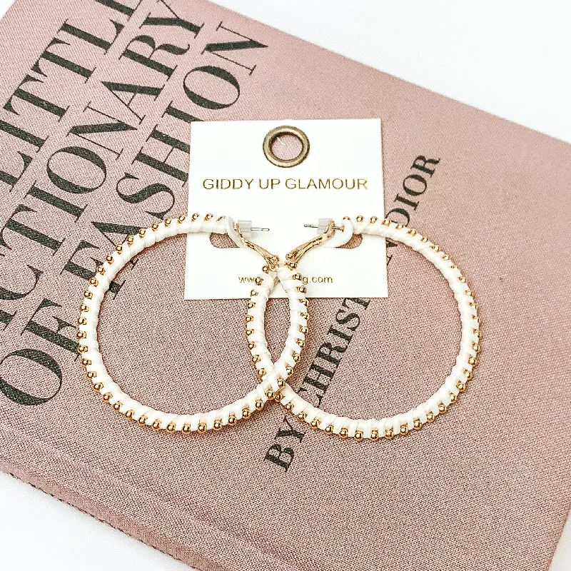 Handmade Gold Earrings-Circle Gold Tone Beaded Hoop Earrings in Ivory