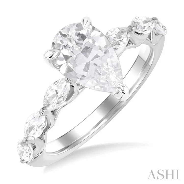 Platinum Wedding Ring-1.00 ctw Pear Shape Marquise and Round Cut Diamond Semi Mount Engagement Ring in 14K White Gold