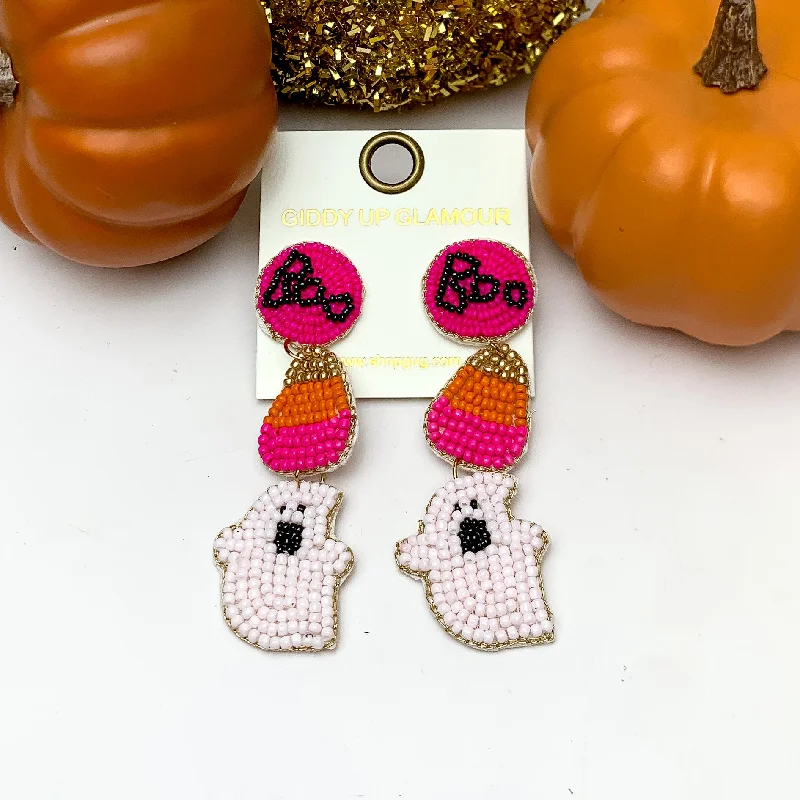 Unique Earrings for Bridesmaids-Three Tier Halloween Themed Beaded Earrings in Pink and Orange