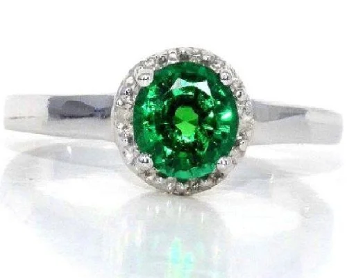 Antique Wedding Ring Set-1 Ct Created Emerald & Diamond Round Ring .925 Sterling Silver Rhodium Finish