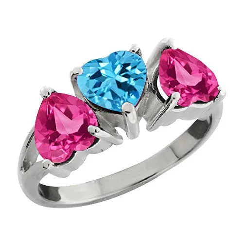 Luxury Wedding Band-3 Ct Pink Sapphire & Blue Topaz Heart Ring .925 Sterling Silver Rhodium Finish