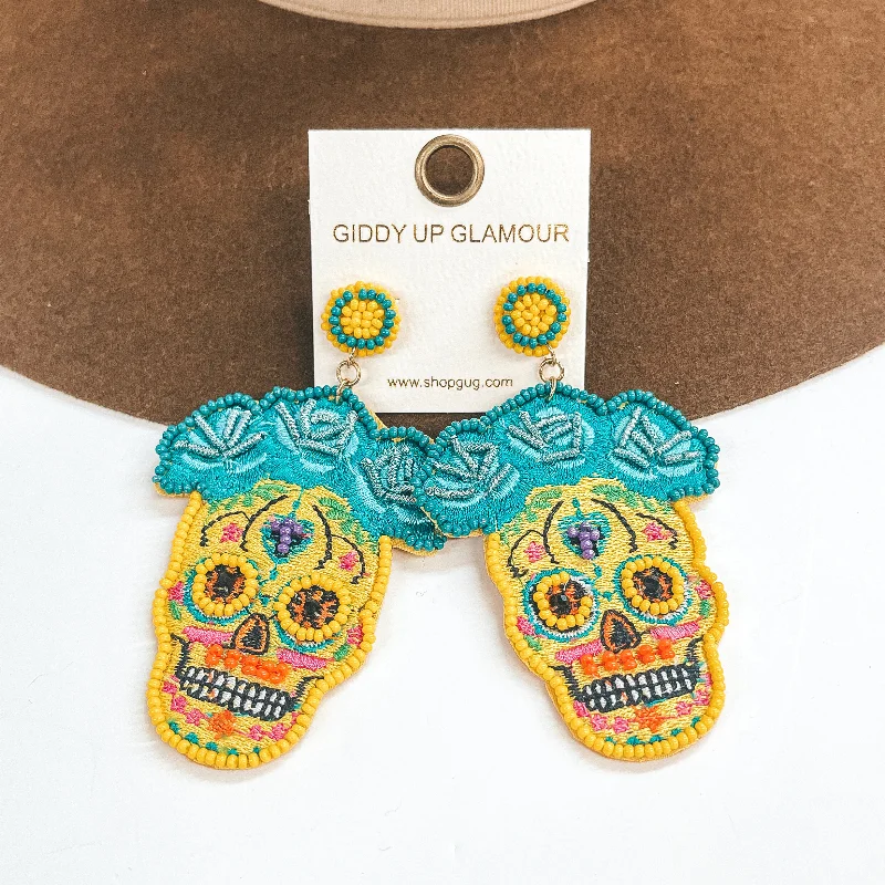 Simple Hoop Earrings for Brides-Memories Keep Us Alive Sugar Skull Post Earrings in Yellow