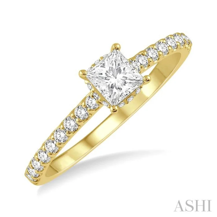 Custom Wedding Band with Diamonds-1/2 ctw Round Cut Diamond Engagement Ring With 1/4 ct Princess Cut Center Stone in 14K Yellow Gold